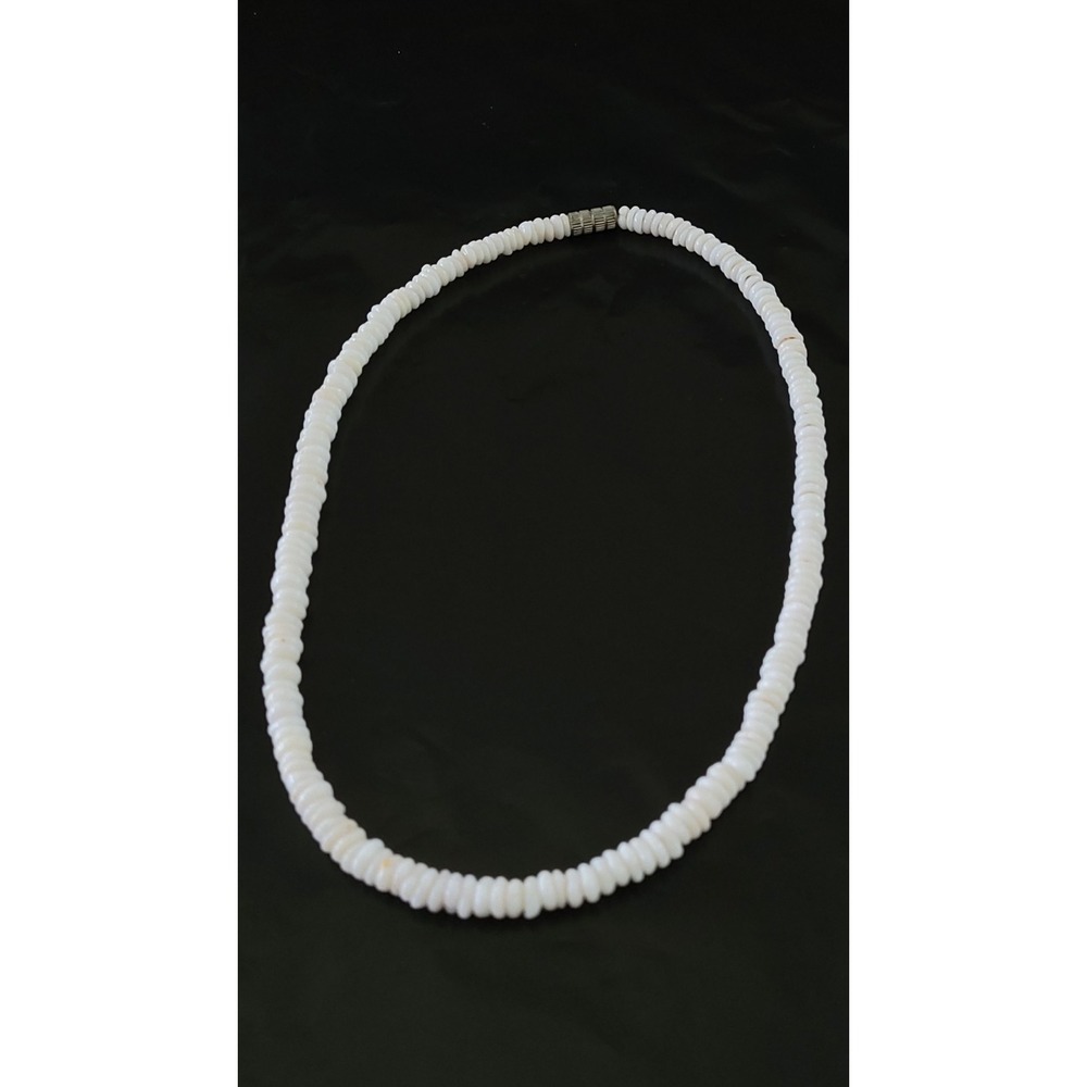 White Shell Heishi Disc Bead Necklace 15in Magnetic Barrel Clasp Coastal Boho